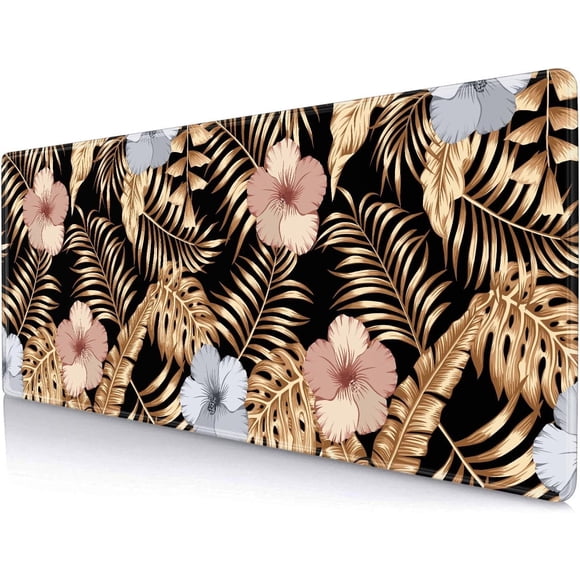 Hibiscus Frangipanier Feuilles de Palmier Dorées Grand Tapis de Souris Antidérapant en Caoutchouc pour Bureaux Idéal pour Ordinateurs, Claviers et Ordinateurs Portables Élégant et Fonctionnel (31.5 Pouces x 11.8 Pouces)