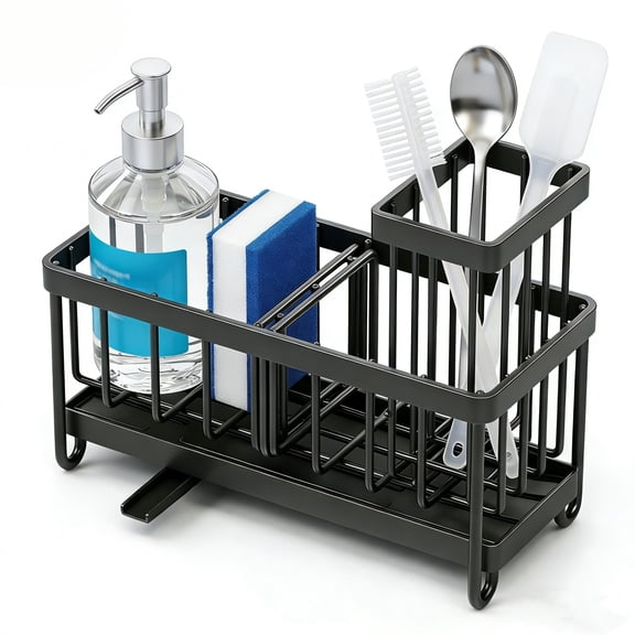 NEWJOEY Kitchen Sink Caddy, Sponge Holder with Rotatable Spout & 3 Compartments, Rustproof Stainless Steel Organizer with Cable Tie for Countertop