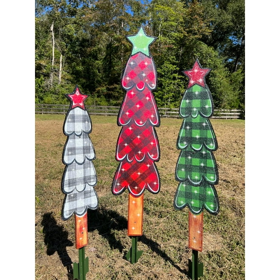 3PC PLAID Pencil Tree Set Christmas Yard Art