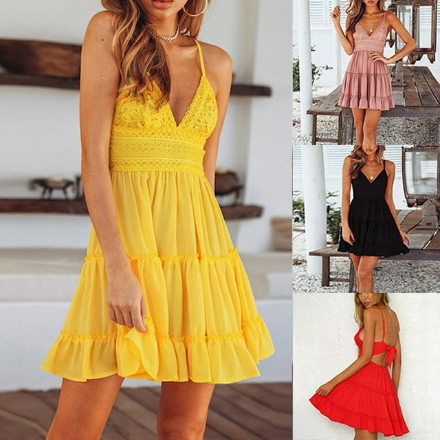 CAROOTU Lace Slip Dress Piecing Backless Bowknot V Neck Spaghetti Strap Above Knee Length Dress