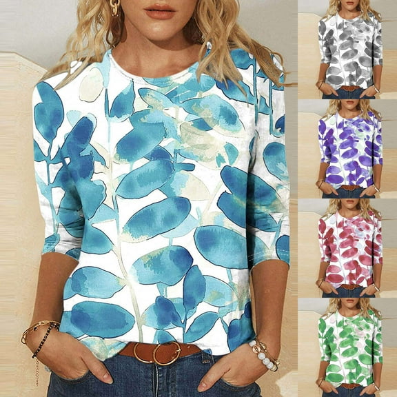 CYMMPU Blouses for Women Dressy Casual Round Neck Spring Tops Loose Fit Summer Fashion Shirts 3/4 Sleeve Flower Pattern Tunic Tops Lightweight Basic T-Shirts Gray S