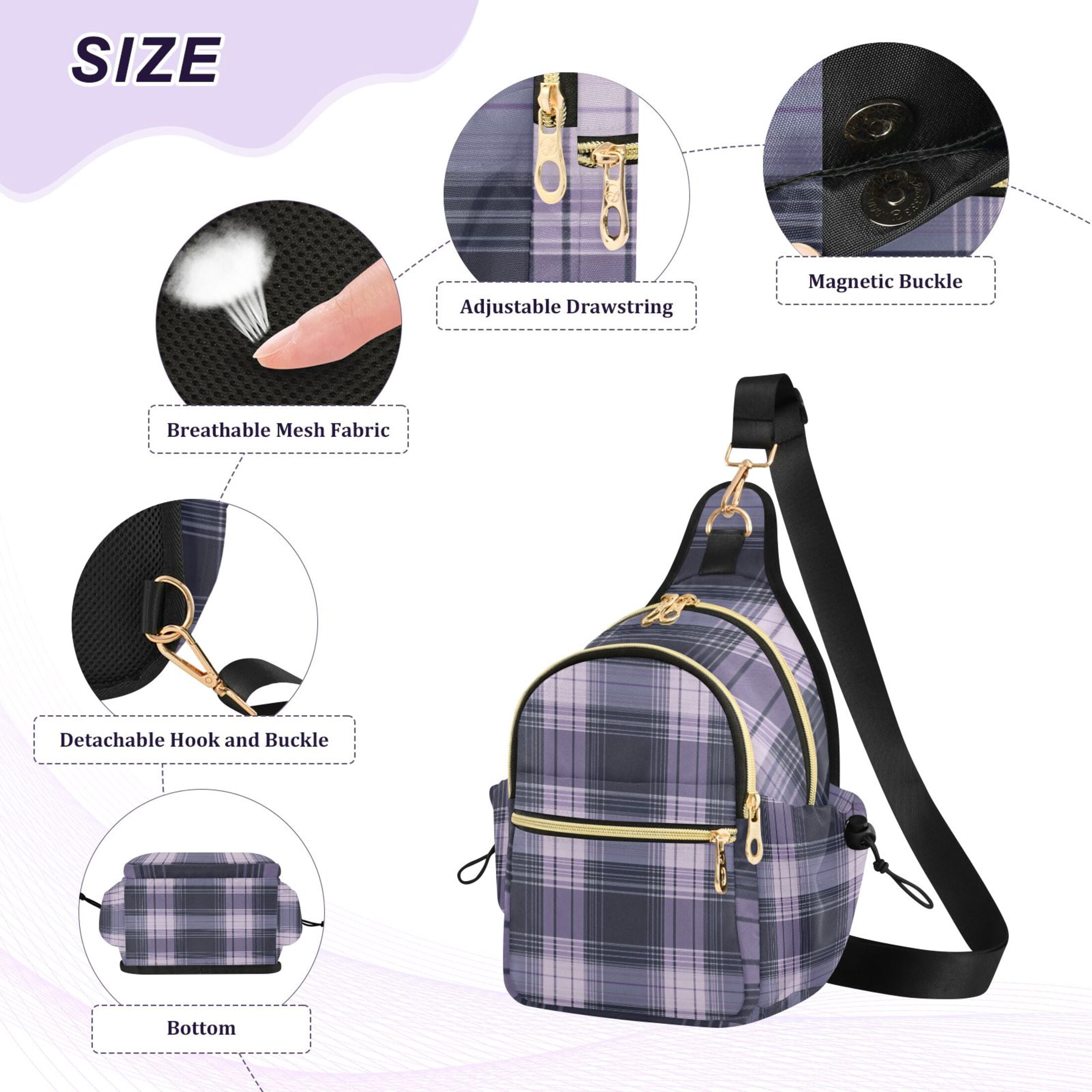 Crossbody Sling Bag for Women Shoulder Purse Trendy Daypack with Adjustable Strap Light Purple Tartan
