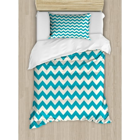 Chevron Stripe Duvet Seafoam Twin Size Duvet Cover Set, Abstract Geometric Stripes with Chevron Zigzag Arrangement Vintage Inspirations, Decorative 2 Piece Bedding Set with 1 Pillow Sham, Beige Seafoam, by Ambesonne ()