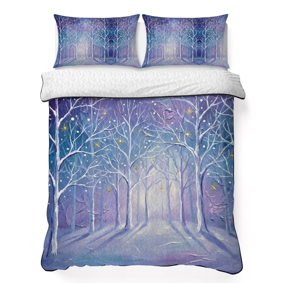 Quilts Twin Size Bedding Set, Purple Snowy Forest Lightweight Quilted Comforter, Winter Starry Night Sky Dreamy Soft Reversible Bedspread Coverlet with Pillow Covers for All Season, 68" x 86"