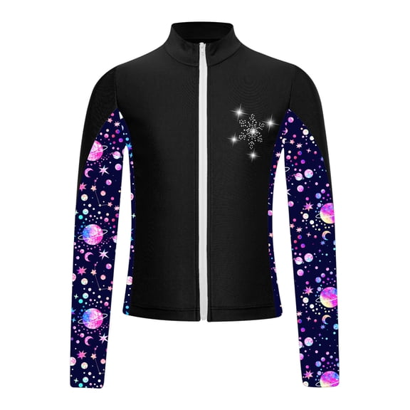 Xnihocha Kids Girls Gym Workout Athletic Sport Jacket Zipper Sparkly Rhinestone Figure Ice Skating Black 14
