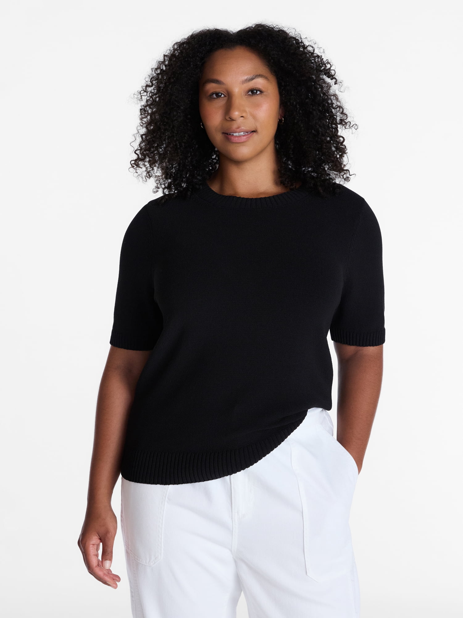 Time and Tru Women's Crewneck Sweater with Short Sleeves, Lightweight, Sizes XS-XXXL