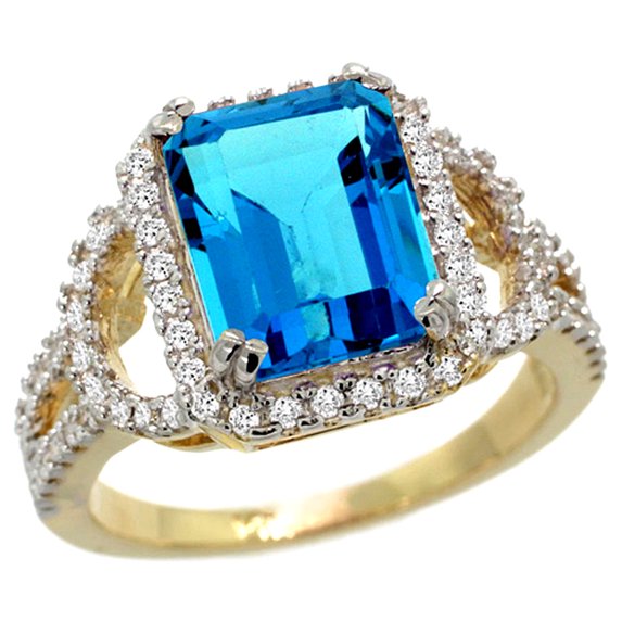 14k Yellow Gold Natural Swiss Blue Topaz Ring Octagon 10x8mm Diamond Halo, 1/2inch wide, size 10