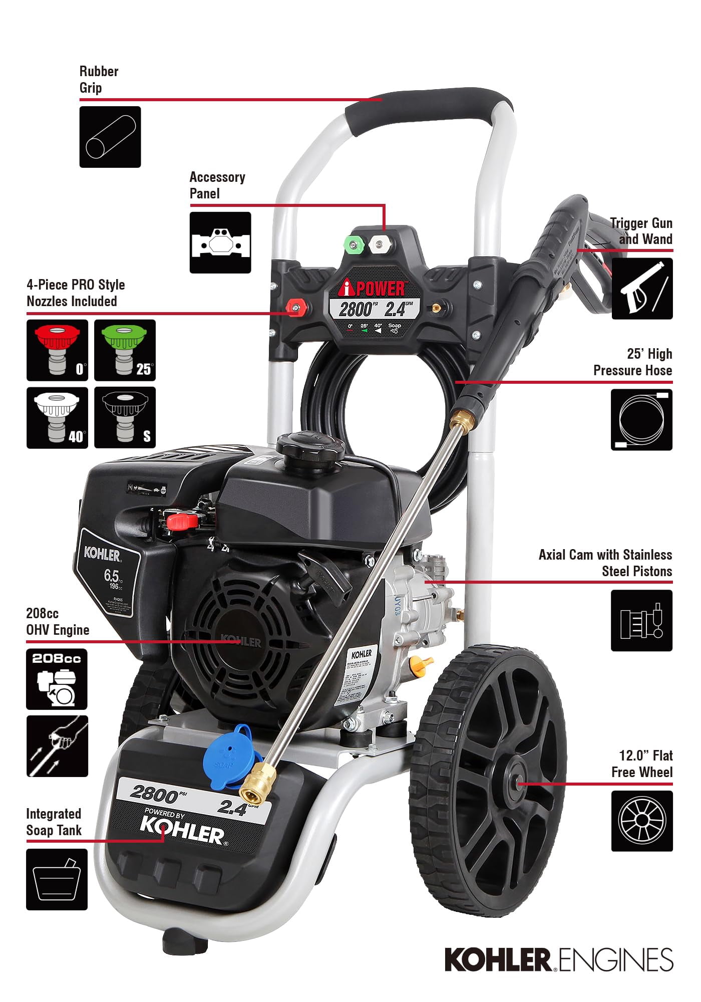 A-iPower Pressure Washer 2800 PSI at 2.4 GPM 196 cc OHV 4 Gas Cold, 25 ft. Pressure Hose
