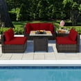 thumbnail image 2 of Patiojoy 6 PCS Patio Wicker Furniture Set With 30" Gas Fire Pit Table 50,000 BTU Red Cushions, 2 of 10