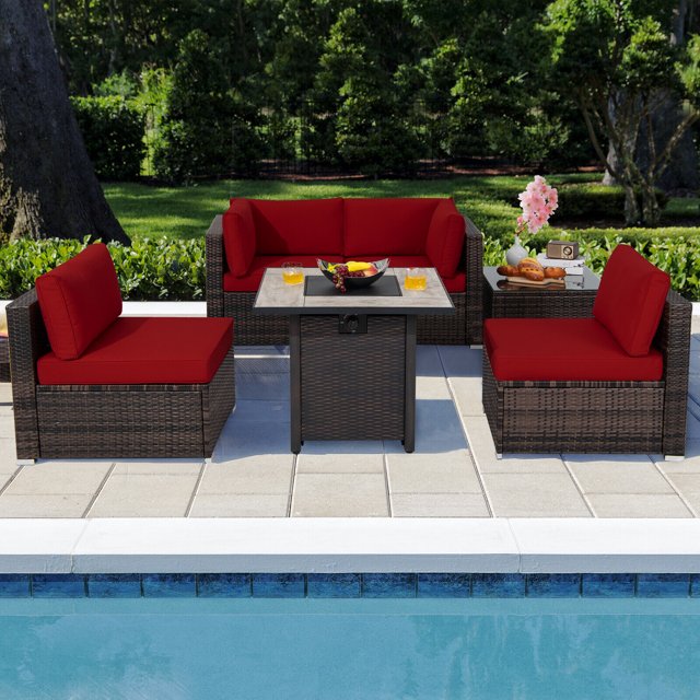 Patiojoy Ensemble de Meubles en Osier pour Patio 6 Pcs avec Table de Foyer au Gaz de 30 Pouces 50 000 BTU Coussins Rouges