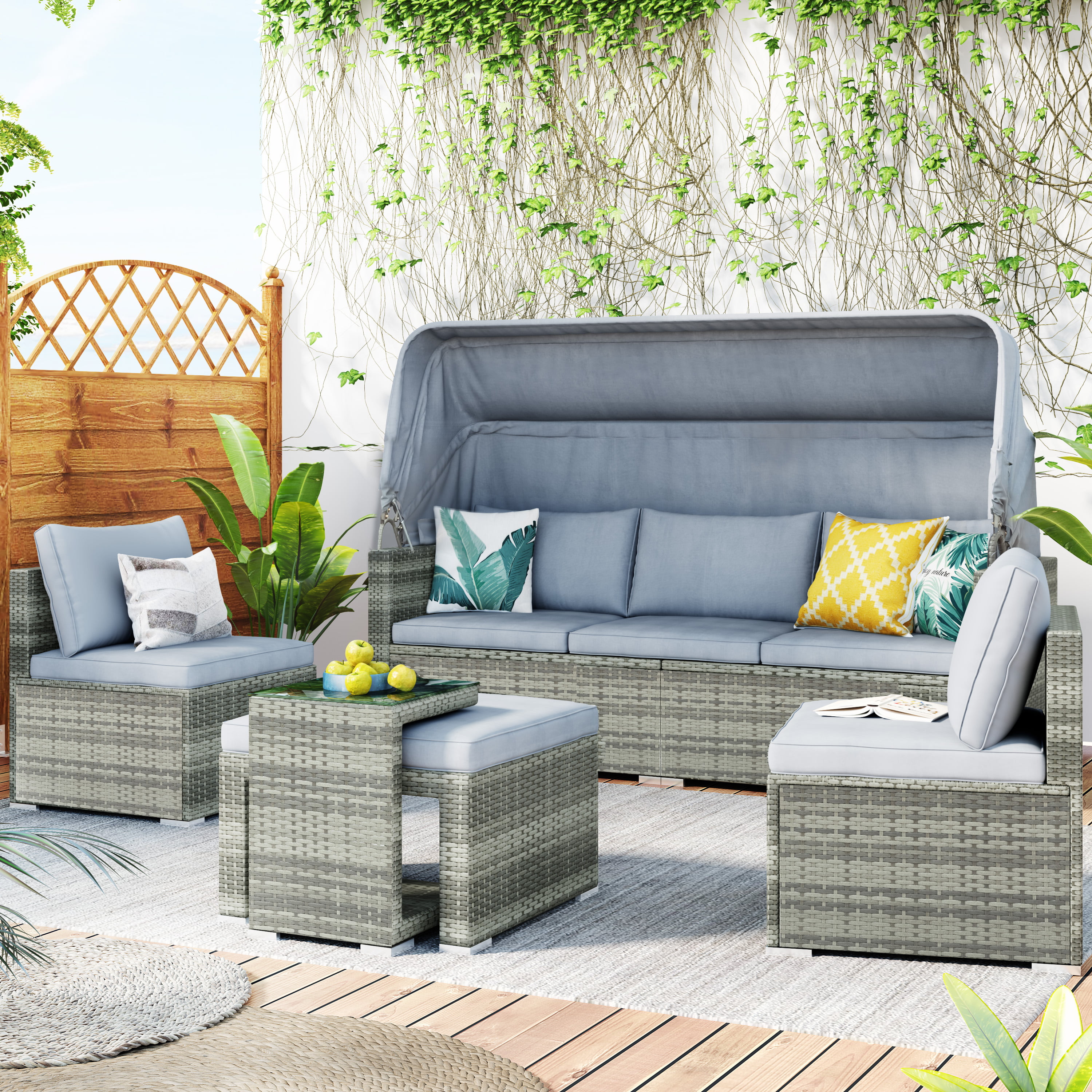 Rattan Conversation Sets Outdoor Wicker Rattan Furniture Sets Sectional Sofa Set w//Height Adjustable Coffee Table DORTALA Patio Round Daybed with Retractable Canopy