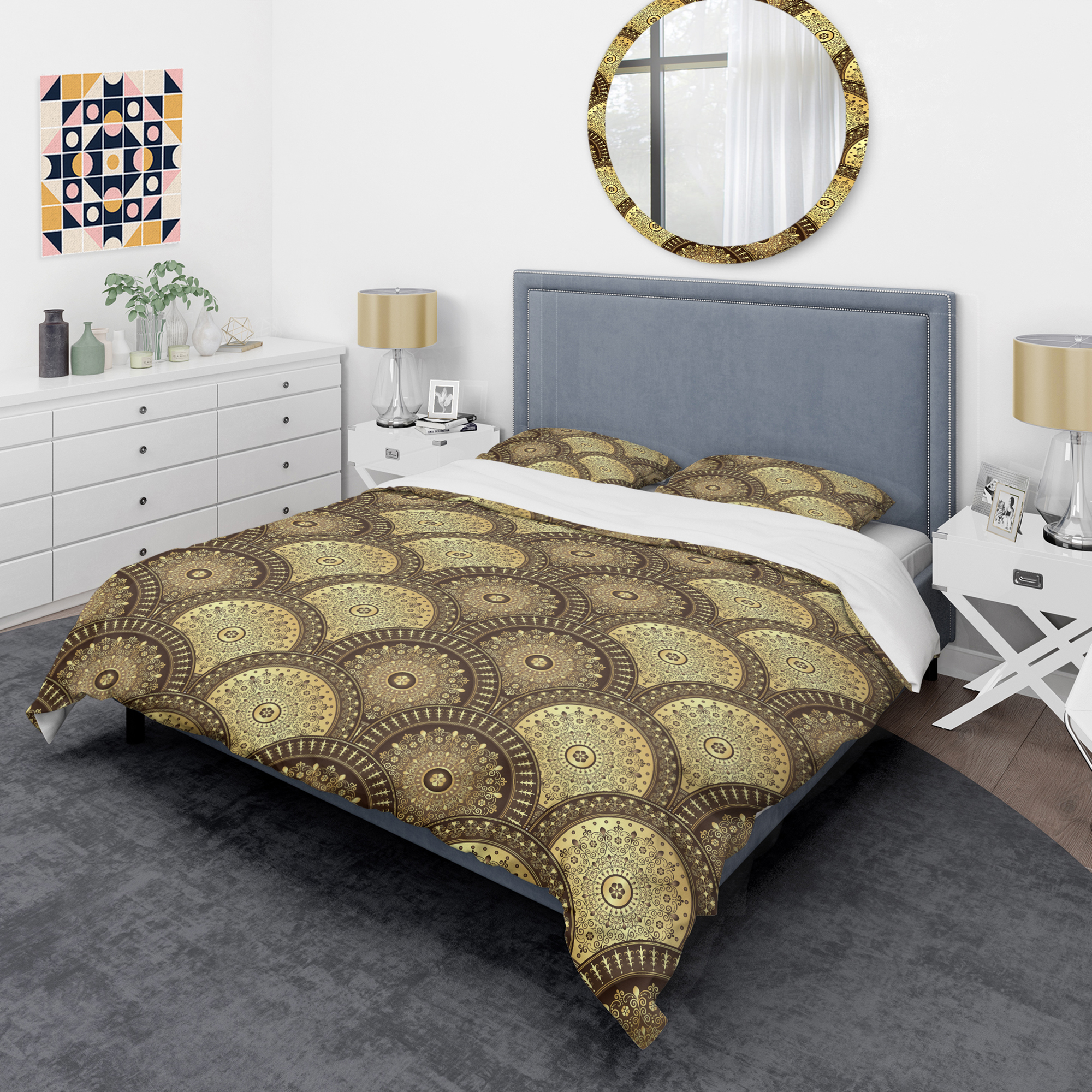 Designart 'Golden Circular Pattern I' Mid-Century Modern Duvet Cover Set