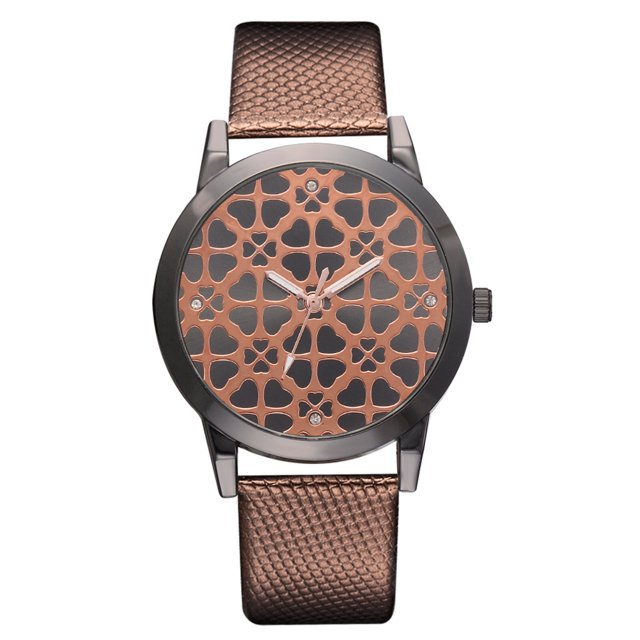 Reloj de pulsera de cuarzo de aleación con correa de PU para mujer, reloj de pulsera con esfera redonda y diamantes de imitación (marrón)