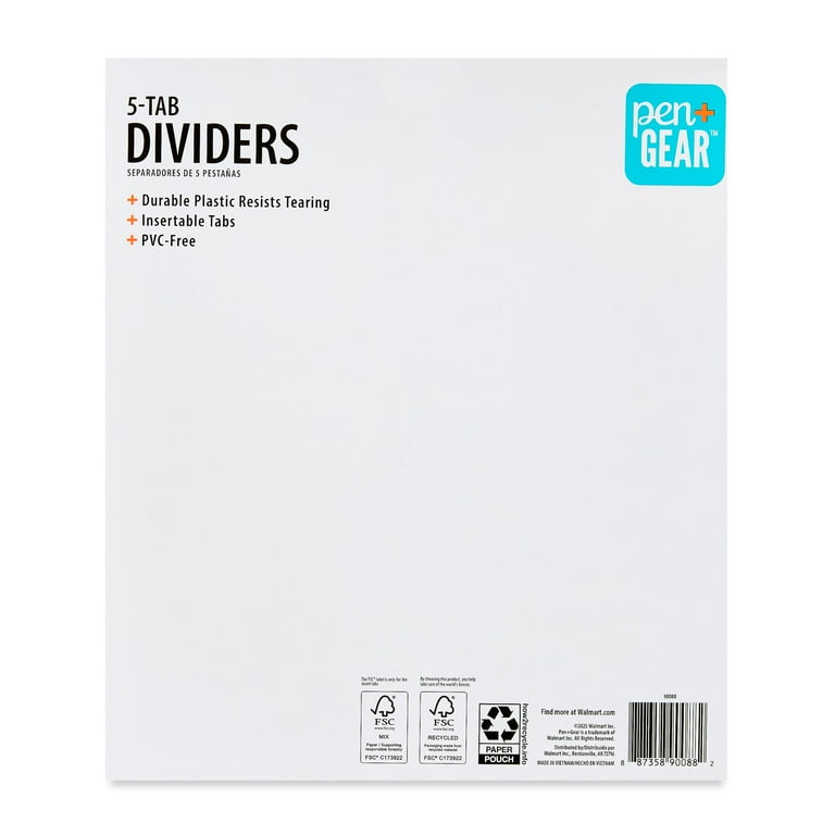 Pen+Gear 5-Tab Insert Dividers, Bright, 5 Count (0088)