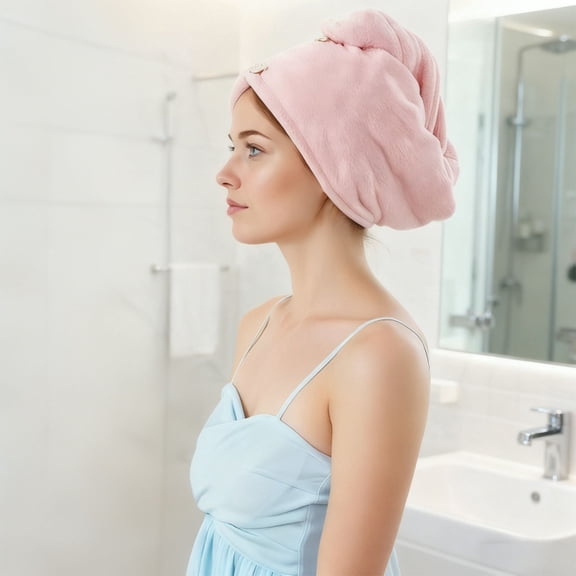 Hair Towel Wrap, Super Absorbent Quick Dry Hair Turban, Coral Fleece Double-Layer Thickened, Pink & White, 23.6 x 9.8 in / 60 x 25 cm