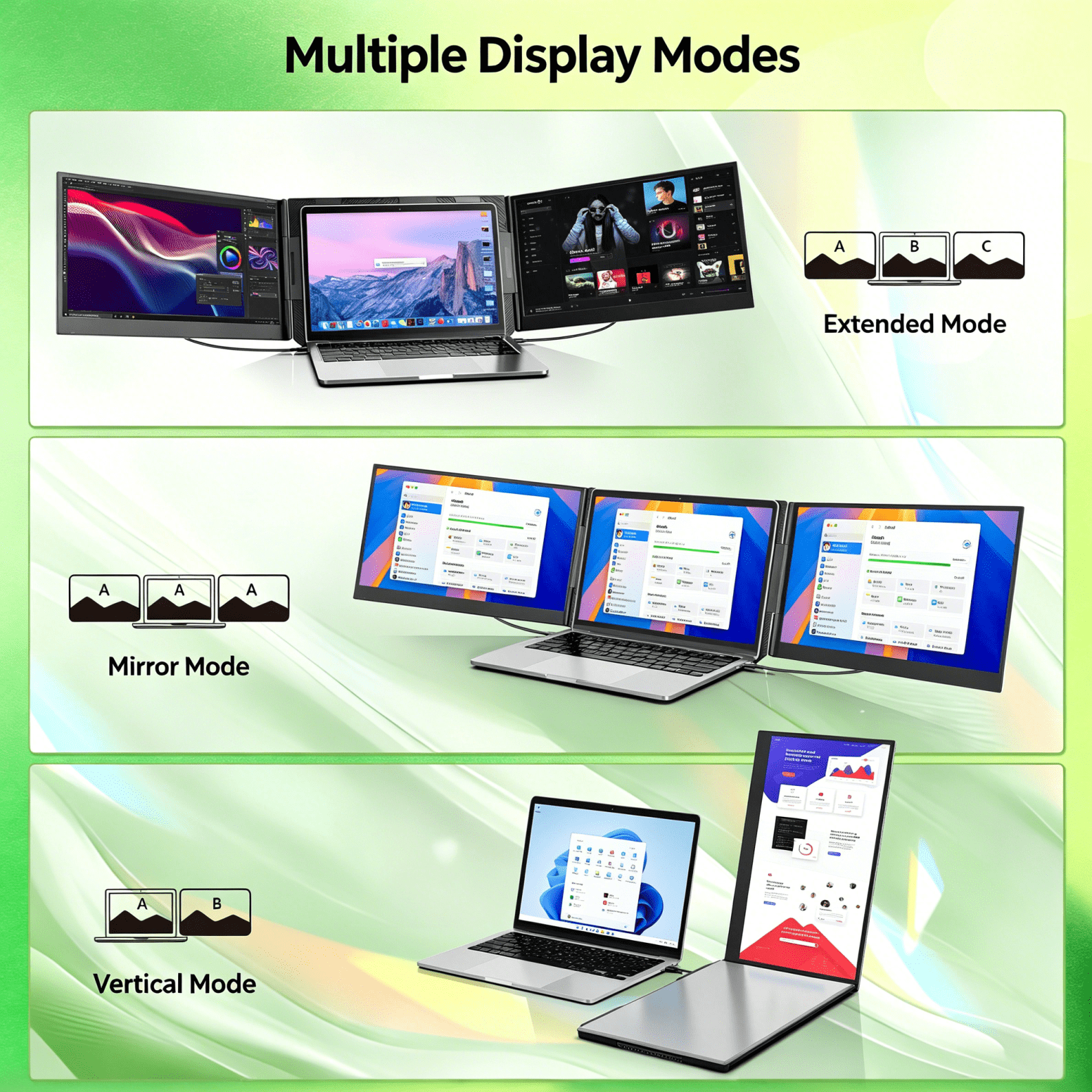 15.6" Triple Portable Monitor for Laptop, FHD 1080P 60Hz, 180° Rotatable, Type-C/HDMI Plug & Play, 280nits, Compatible with Win/Mac/Android for Office/Gaming