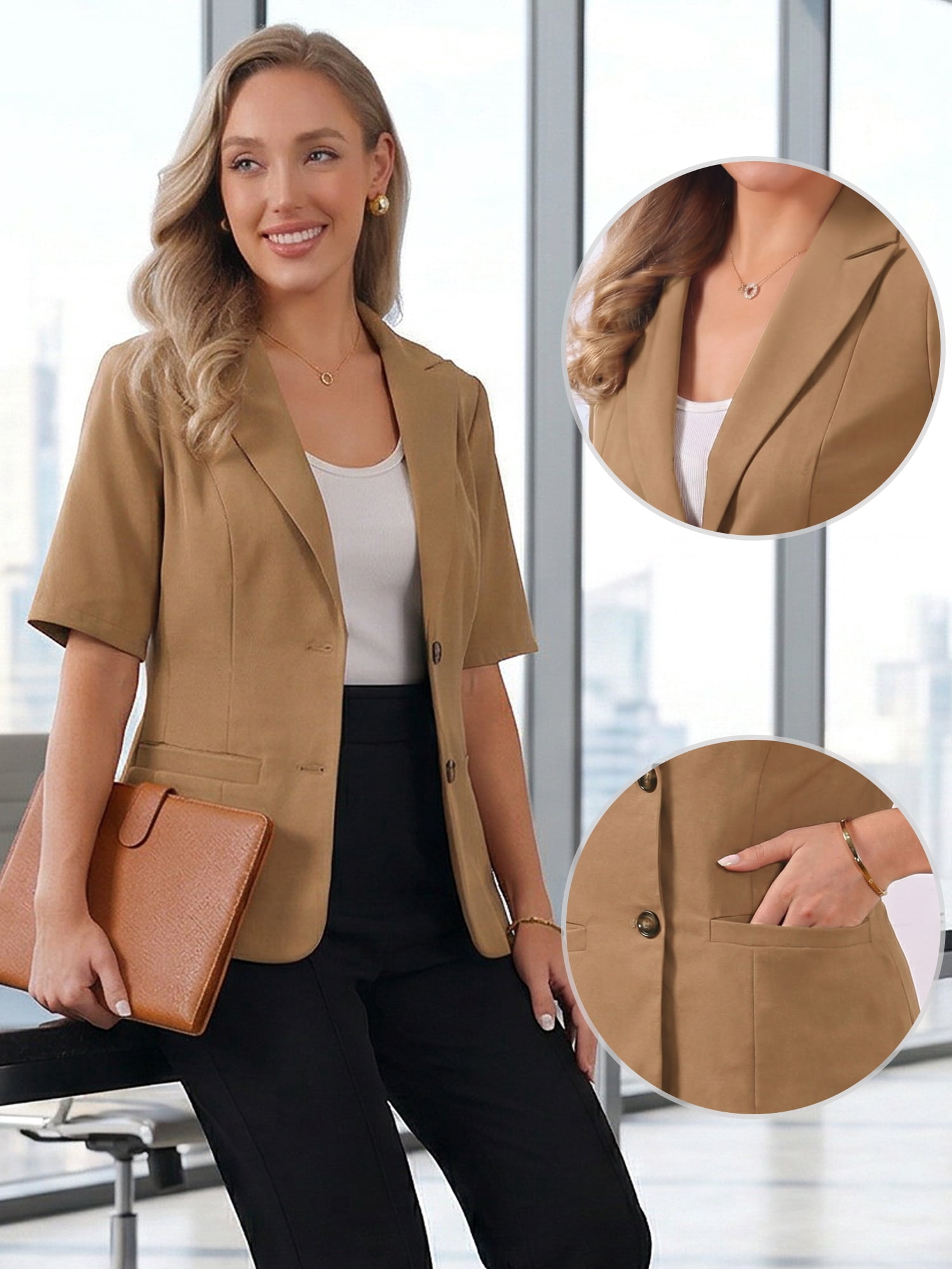 DARING DIVA Women's Linen Short Sleeve Cotton Lapel Collar Blazer S Dark Brown