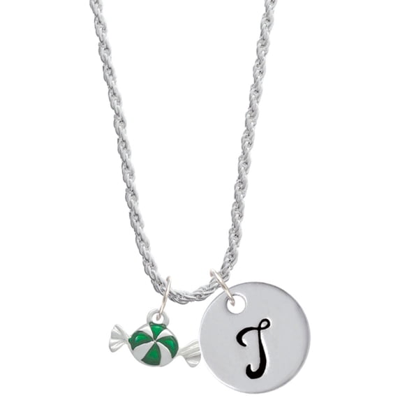 Delight Jewelry Silvertone Green Peppermint Candy Silvertone Script Initial Disc - T - Charm Necklace, 20"+3"