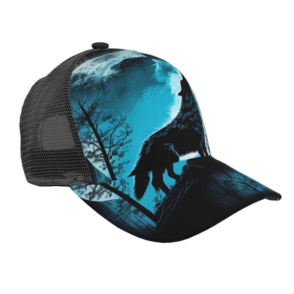 Zufioo Blue Full Moon Wolf Print Mesh Baseball Cap, Adjustable Sport Travel Hat Accessory for Men and Women