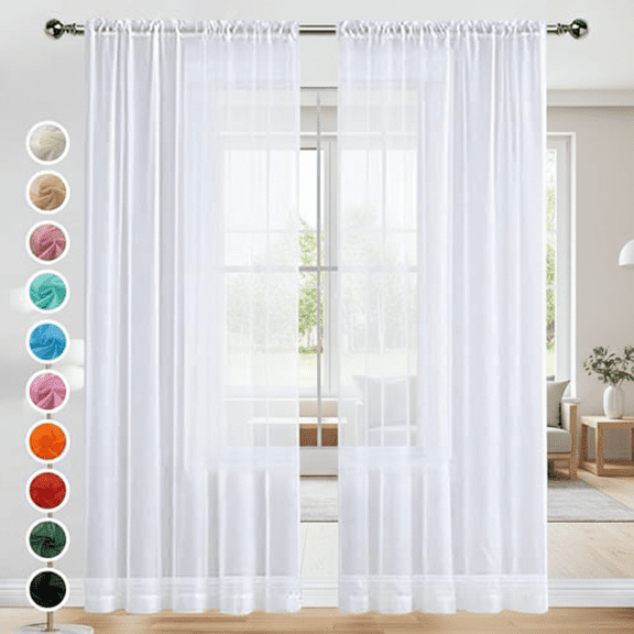 Basic Rod Pocket Sheer Voile Window Curtain Panels, Set of 2 Panels, 52 Inches Wide by 84 Inches Long, Light Filtering Privacy for Kitchen Bedroom Living Room, White
