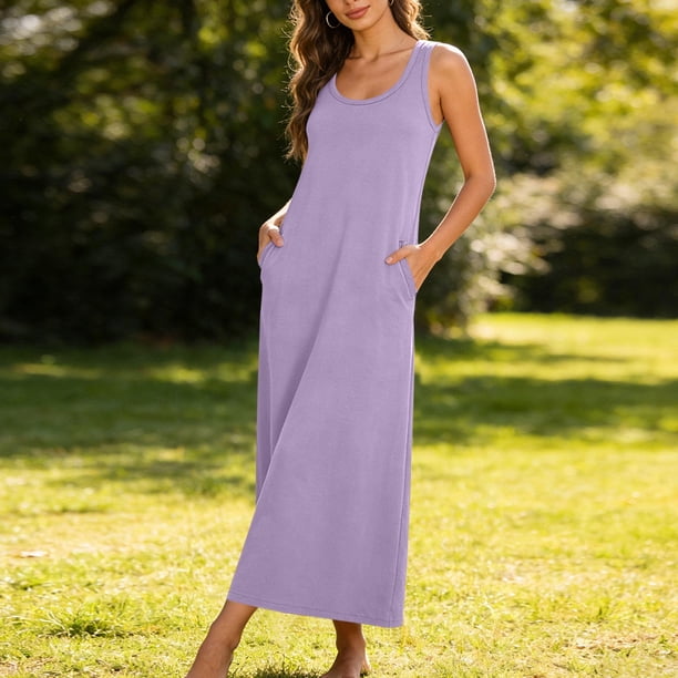 purple spring dresses for women HOMBOM Womens Dresses Spring Long Casual Solid Purple Sleeveless Shift Dress  for Ladies