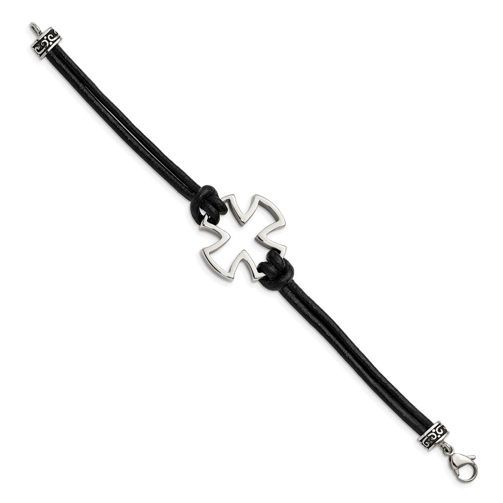 Diamond2Deal Stainless Steel Antiqued and Polished Cross Black Leather Bracelet for Men 8.25"