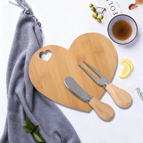 Heart Shaped Cutting Board Wooden Serving Tray with Knife Fork Set, Natural Wood Cheese Board for Charcuterie, Decorative Bread Serving Board for Kitchen Dining Presentation