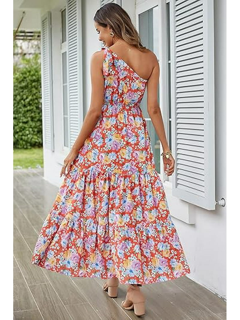 Prettygarden Women's Summer Floral One Shoulder Maxi Dress Knot Ruffle Boho Beach Vacation Wedding Guest Long Sun Dresses, Size: 2XL, Orange