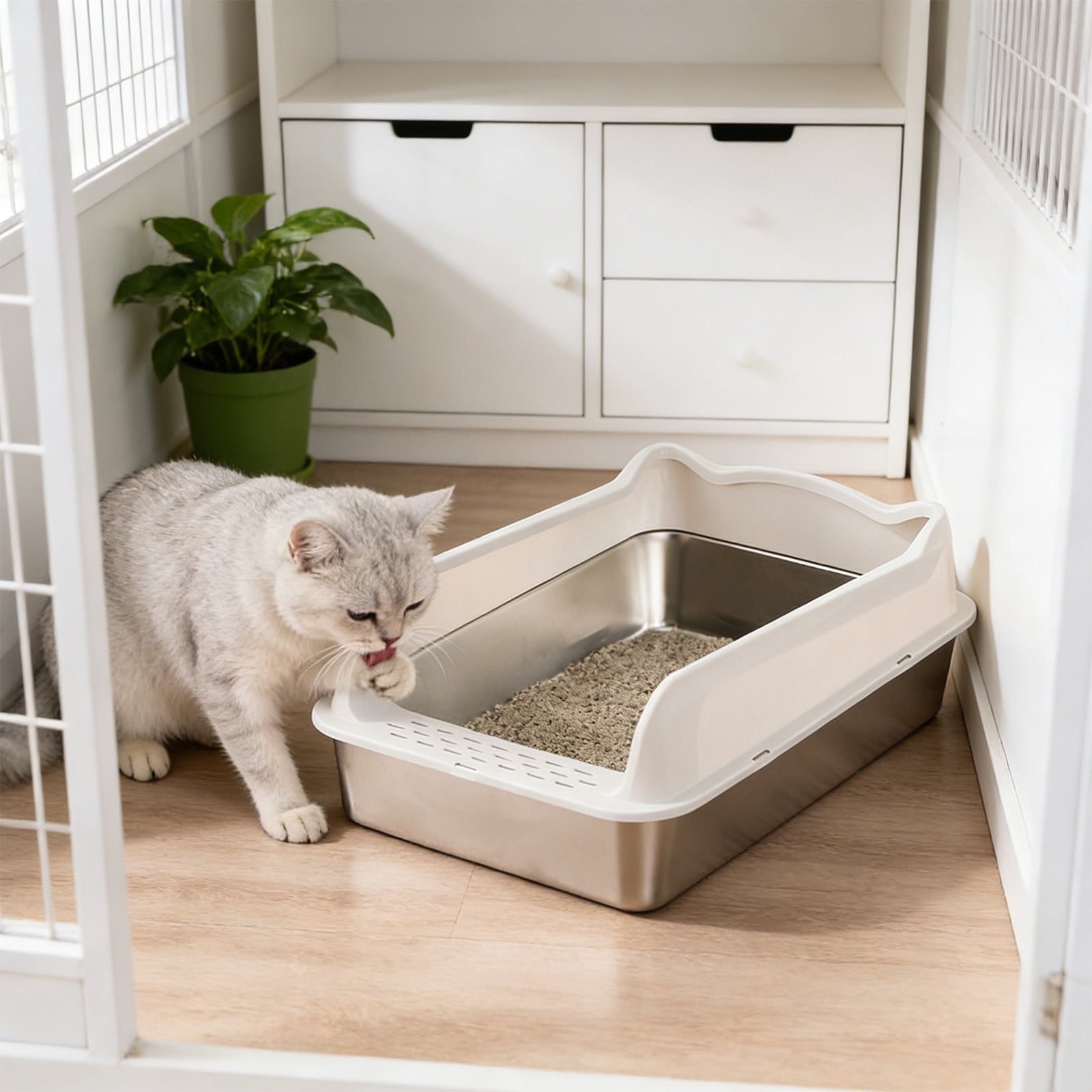 onlyliua Stainless Steel Semi-Enclosed Cat Litter Box High Wall Anti-Scatter Odor-Control Covered Kitty Pan With Non-Slip Base Durable Easy-Clean Indoor Litter Solution stainless steel litter box