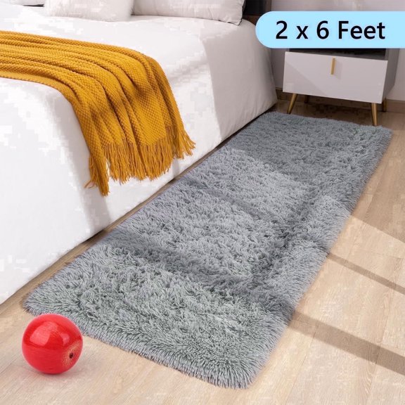Tripumer Bedside Rugs Furry Area Rug 2 x 6 feet Shaggy Thin Indoor Floor Carpet Runner Rugs for Living Room Bedroom Home Decor Gray
