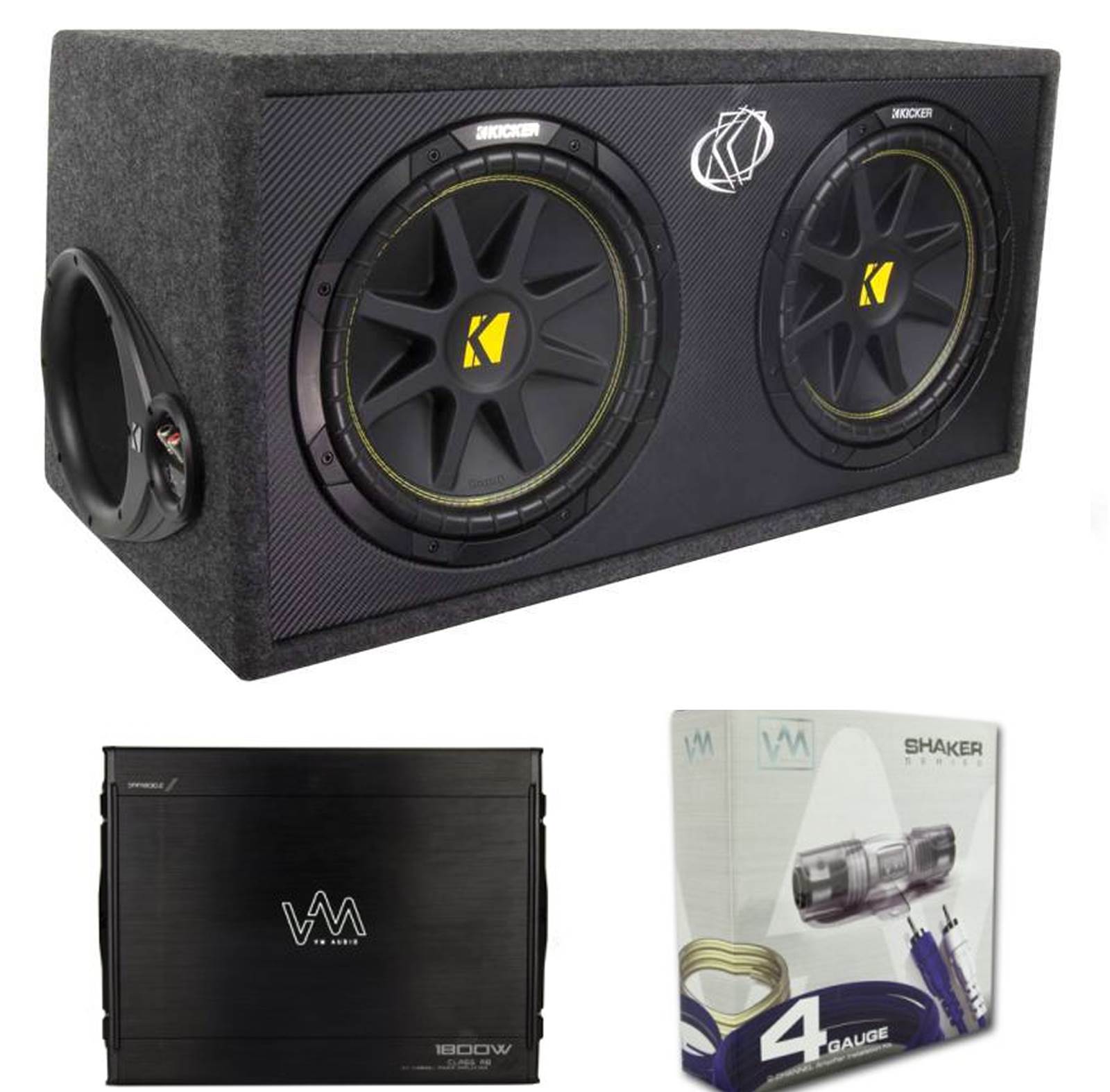 KICKER DC12 DUAL 12" 600 Watt Car Subwoofers +Box + 1800W Amplifier + VM Amp Kit