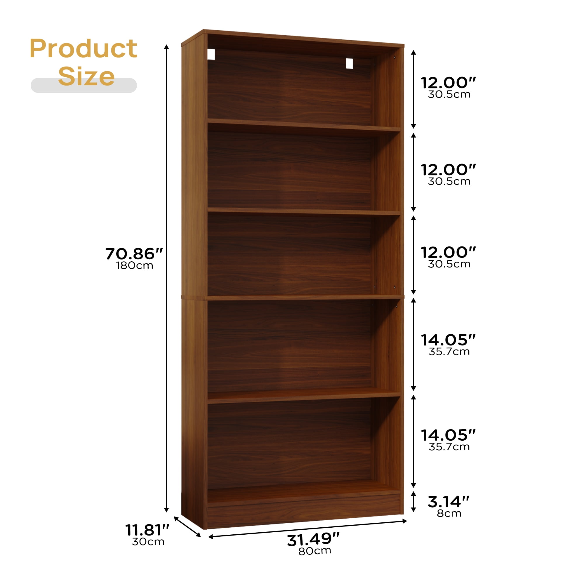 Brown 5 Tier Book Shelf, 71" Tall Large Bookshelf, Standing Wood Display Book Shelf for Living Room, Office, Library