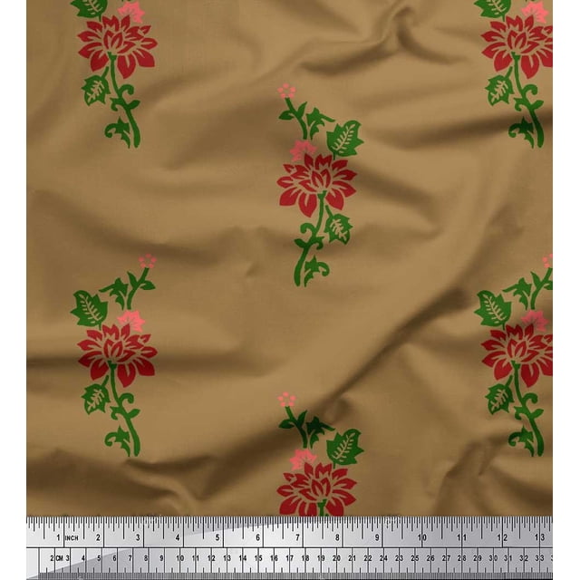 Soimoi Moss Georgette Fabric Leaves & Floral Block Fabric Prints by Yard 42 Inch Wide