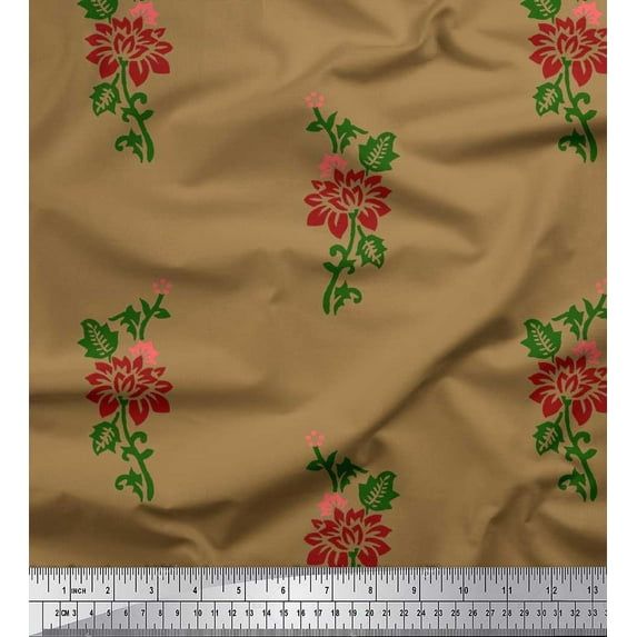 Soimoi Crepe Silk Fabric Leaves & Floral Block Print Fabric by The Yard 42 Inch Wide