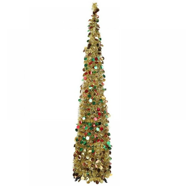 Gold Colourful Popup Christmas Tinsel Tree, 5ft Collapsible Christmas