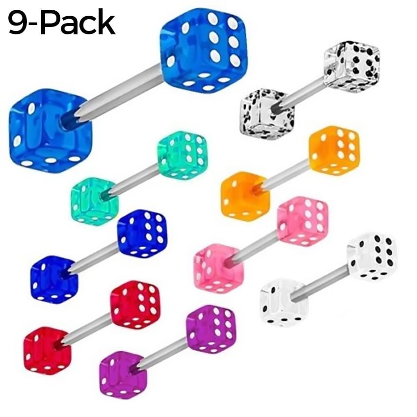 Tongue Piercing Barbells 9Pack Acrylic Dice with 14ga5/8" 316L