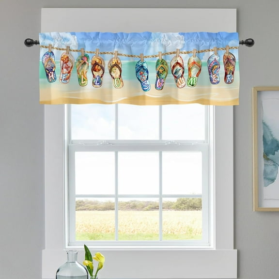 Hello Summer Vibe Flip Flop Kitchen Curtains Valance for Windows, Hawaii Beach Tropical Starfish Seasonal Short Half Topper Rod Pocket, Home Living Room Bedroom Coastal Decor 54" x 18"