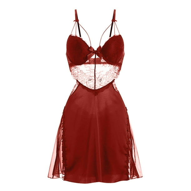 Gibobby Camisón de satén de seda para mujer Día de San Valentín Conjunto pijama dos piezas con falda lunares malla pestañas para mujer y Sexy nuevo diseño 2022(C,M)