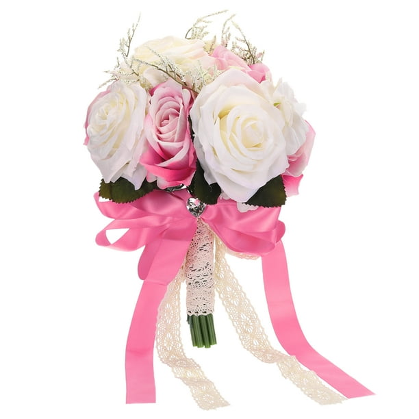 Ramo de novia artificial Uxcell con flores de boda y cinta de seda para la novia y las damas de honor en blanco y rosa
