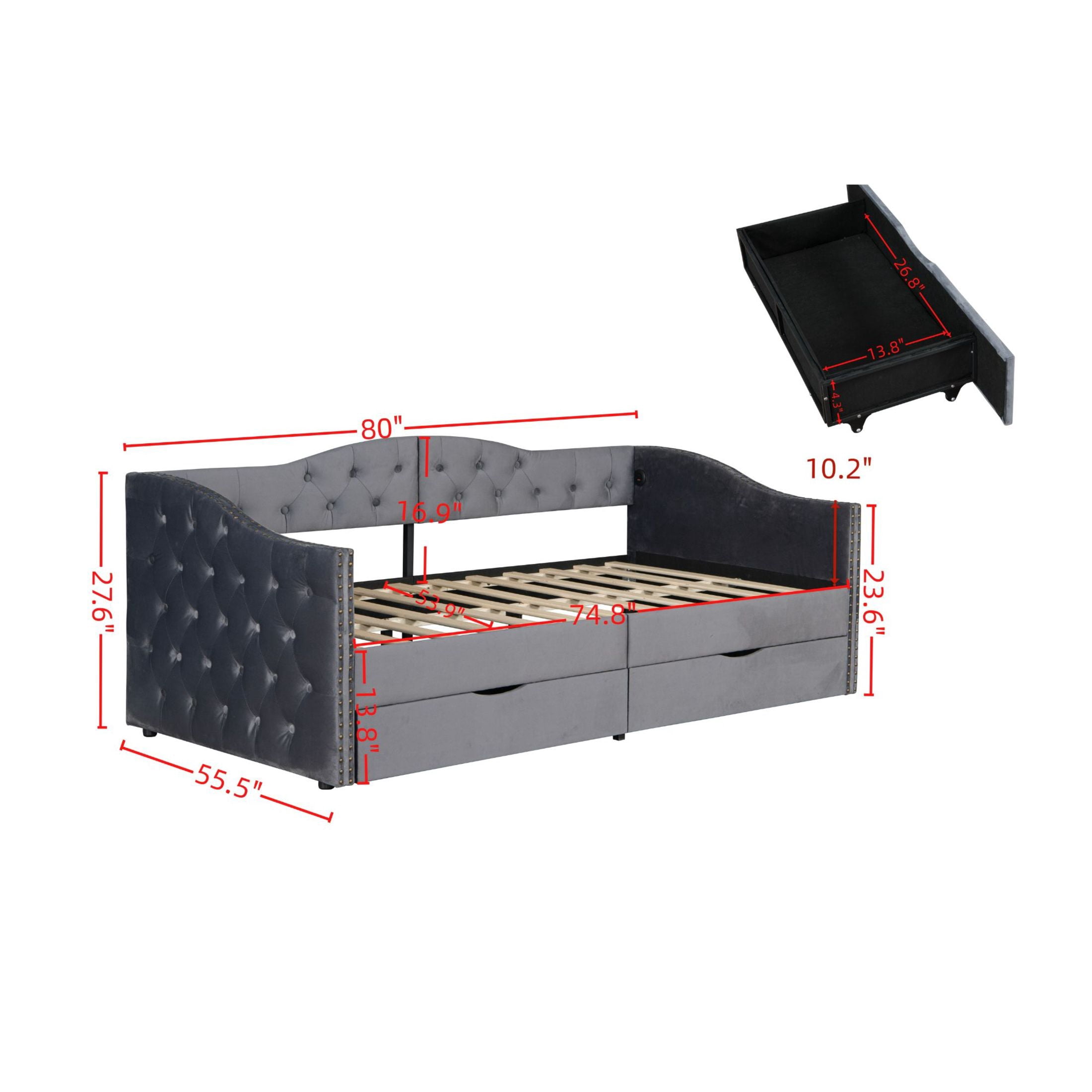 Noble House Desmond Full Boucle Daybed with Storage Drawers, Upholstered Tufted Cloud Bed Frame with USB Charging, Gray