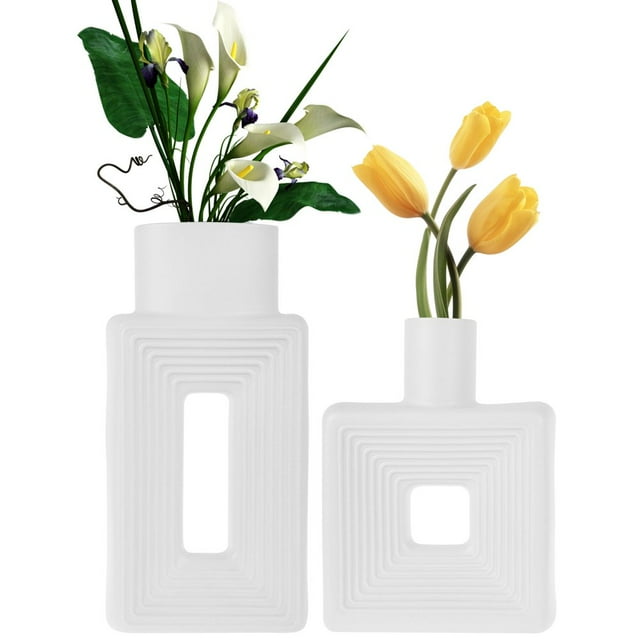 Modern White Ceramic Vase 2Pcs Rectangle Square Flower Vases Minimalism Style Decorative Vase