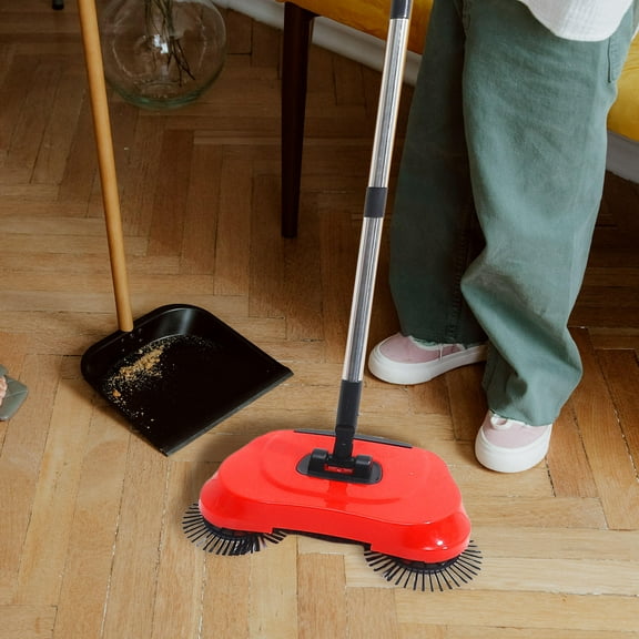 FRCOLOR Multi-function 3 in 1 Household Cleaning Lazy Hand Push Sweeper Broom Dustpan Trash Bin 360° Rotating Floor Cleaning Mop (Red)