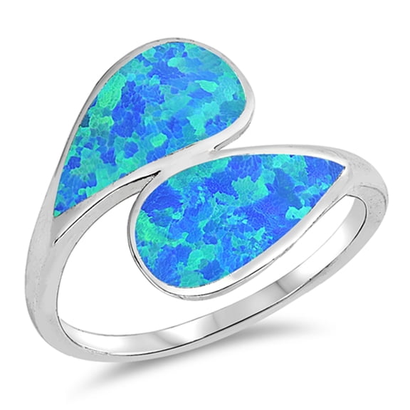CHOOSE YOUR COLOR Blue Simulated Opal Pear Wave Double Shank Ring Sterling Silver Knot Band CZ Female Size 5