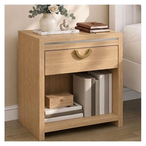 Night Stand with Drawer, 25" Tall Modern Nightstand with Storage Open Shelf, Wood Bedside Table w/ Handle, Accent End Table Century Night Stands for Bedroom (Natural Oak)