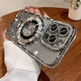 thumbnail image 2 of Magnetic Kickstand (Glitter Lens Protector ) Case for IPhone 15 14 13 12 Pro Max (Compatible with Magsafe ) Sparkling Diamond Cover Glitter Shiny Rhinestone Cases (Silver,for iPhone 15 Pro Max), 2 of 12
