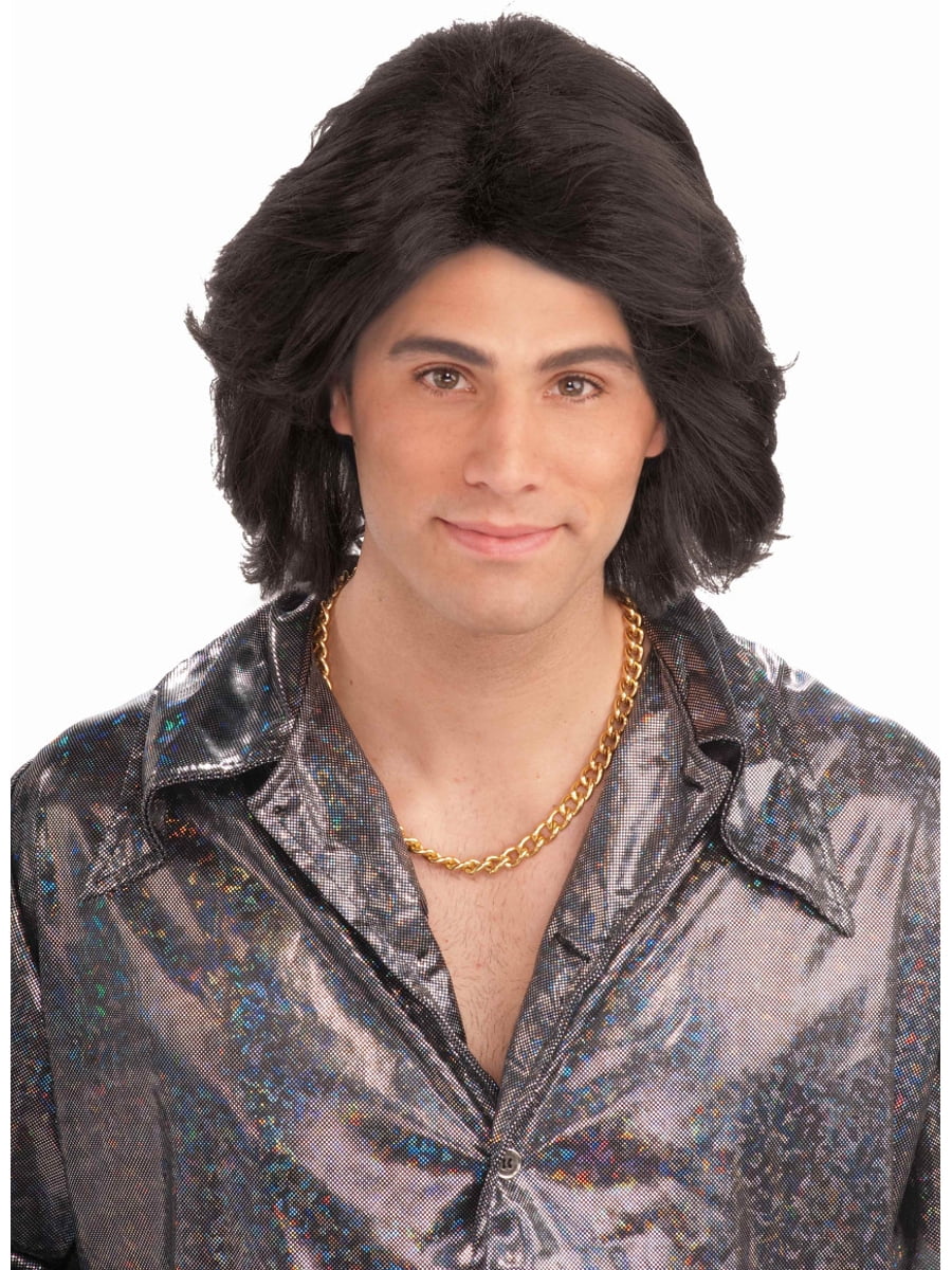 Adult Mens Black 70s Cool Guy Costume Heart Throb Wig