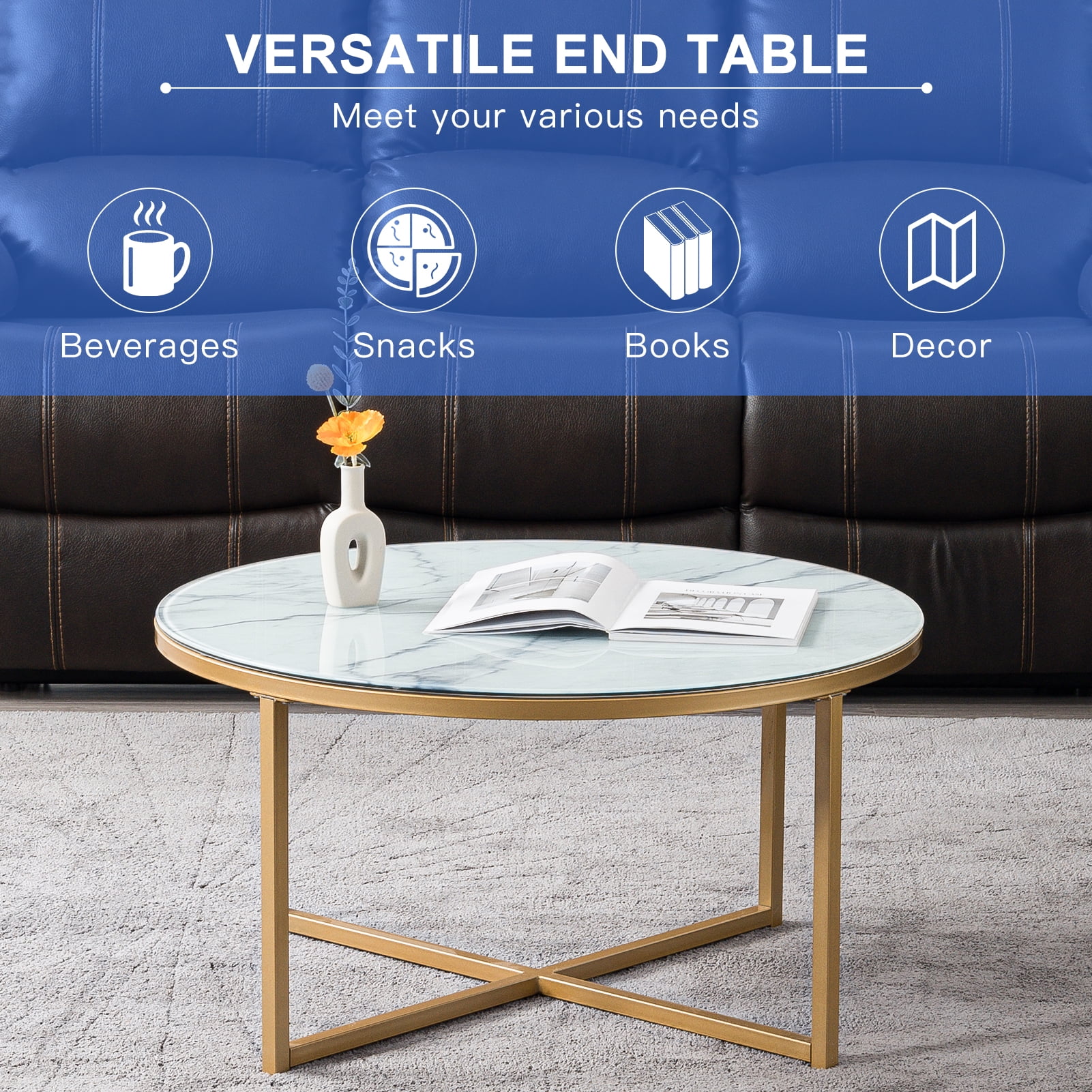 Kadyn Cross Legs MDF Coffee Table, Modern Metal Coffee Table with Metal Base, Round Table Cocktail Table for Living Room, Golden Kadyn Cross Legs MDF Coffee Table, Modern Metal Coffee Table with Metal Base, Round Table Cocktail Table for Living Room, Golden
