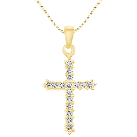 AFFY Christmas Sale 1/4 Carat Round White Natural Diamond Cross Pendant Necklace In 10k Solid Yellow Gold (0.25 Cttw)