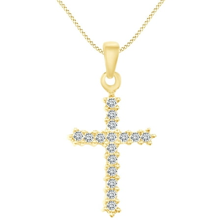 Round Yellow Cross Christmas Sale 1/4 Carat Round White Natural Diamond Cross Pendant Necklace In 10k Solid Yellow Gold (0.25 Cttw) ()
