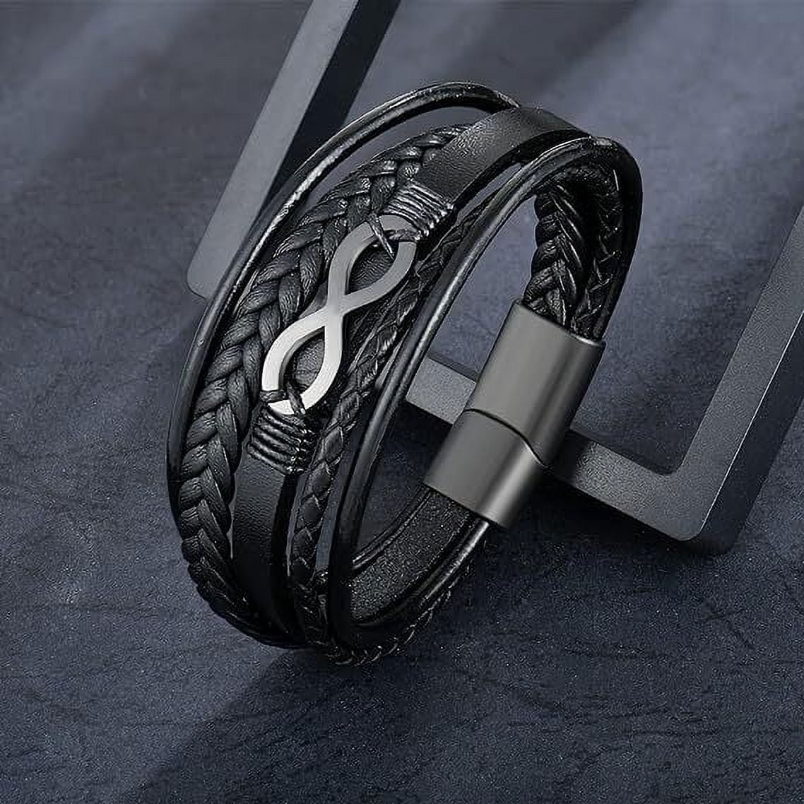 Raymard Mens Infinity 8 Multi-Layer Leather Bracelet,8.5" Black Braided Bracelet for Men
